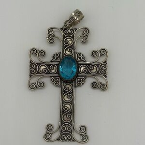 Elegant Sterling Silver Cross Pendant with Blue Gemstone
